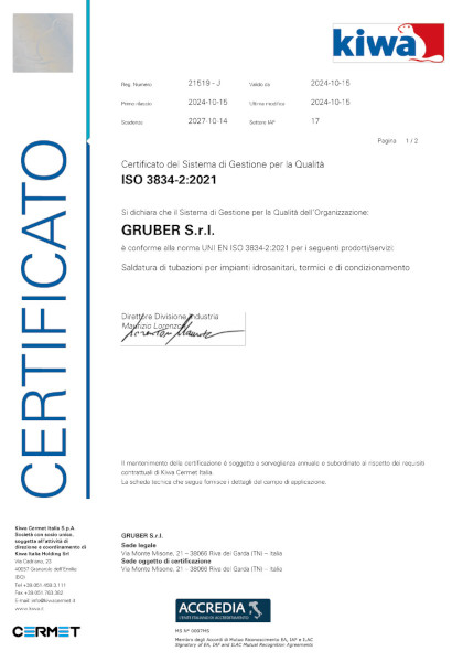 Gruber srl - Certificazione ISO 3834-2:2021