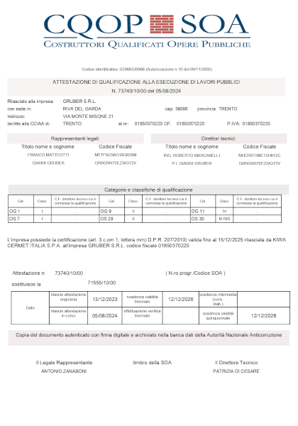 Gruber srl - Certificazione SOA 2024